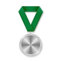 Silver award sport medal for winners with green ribbon vector