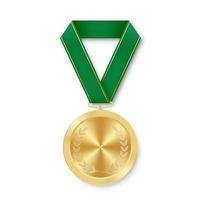 Golden award sport medal for winners with green ribbon vector