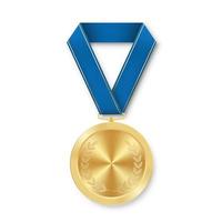 Golden award sport medal for winners with blue ribbon
