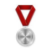 Silver award sport medal for winners with red ribbon vector