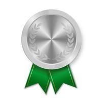 Silver award sport medal for winners with green ribbon vector