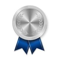 Silver award sport medal for winners with blue ribbon vector