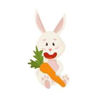 personaje de conejito. sentado y riendo divertido, feliz conejo de dibujos animados de pascua con zanahoria vector