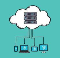 Vector illustration of connecting multiple devices to a cloud server. Sketch style illustration.