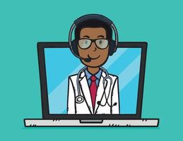Cartoon vector illustration of video chat with doctor. Hand drawn doodle.