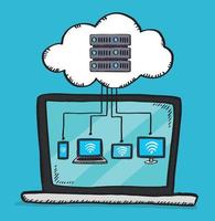 Vector illustration of connecting multiple devices to a cloud server on laptop screen.