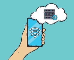 Vector illustration of a hand holding a phone with a connection to a cloud server.