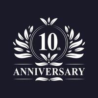 Logotipo del aniversario de 10 años, lujosa celebración de diseño del décimo aniversario. vector