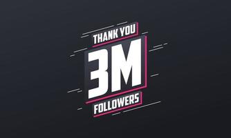 gracias 3 millones de seguidores, plantilla de tarjeta de felicitación para redes sociales. vector