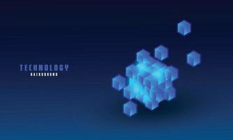 Vector realistic 3d cubes with blue glowing on dark blue background.