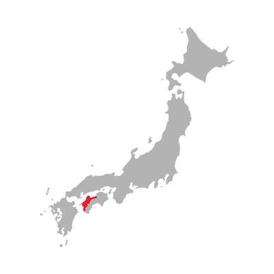 Ehime prefecture highlighted on the map of Japan on white background