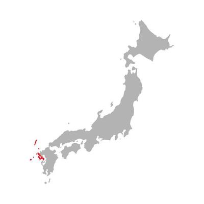 Nagasaki prefecture highlighted on the map of Japan on white background