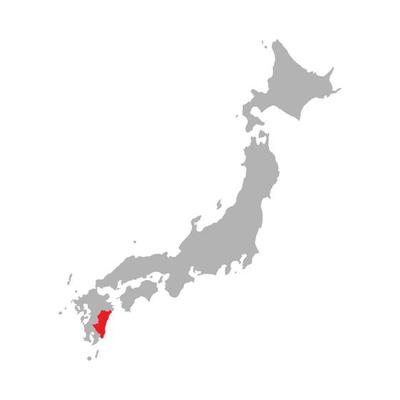 Miyazaki prefecture highlighted on the map of Japan on white background
