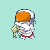lindo astronauta de dibujos animados con ketupat delante de él vector