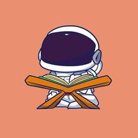 lindo astronauta de dibujos animados sentado y leyendo el libro sagrado vector