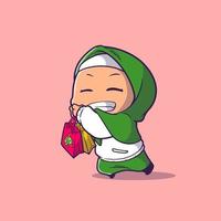cute muslim girl feeling happy with two shopbag she got vector