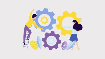 Two persons turning gears. Team work, united community, search for ideas and solutions, business running, startup, studying, work vector cartoon concept. video