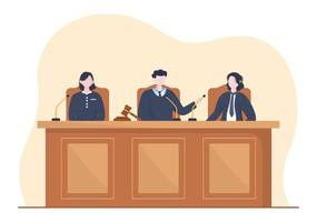 sala del tribunal con abogado, juicio con jurado, testigo o jueces y el martillo del juez de madera en una ilustración plana de diseño de dibujos animados vector