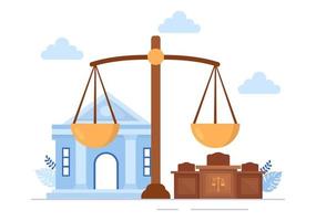 corte hay justicia, decisión y ley con leyes, escalas, edificios, martillo de juez de madera en ilustración de diseño de caricatura plana