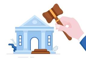 corte hay justicia, decisión y ley con leyes, escalas, edificios, martillo de juez de madera en ilustración de diseño de caricatura plana