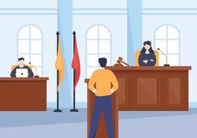 sala del tribunal con abogado, juicio con jurado, testigo o jueces y el martillo del juez de madera en una ilustración plana de diseño de dibujos animados