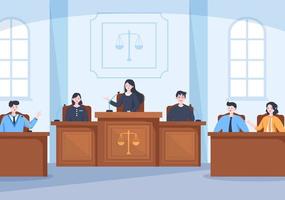 Court Room with Lawyer, Jury Trial, Witness or Judges and the Wooden Judge's Hammer in Flat Cartoon Design Illustration vector