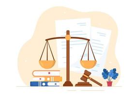 Court there is Justice, Decision and Law with Laws, Scales, Buildings, Wooden Judge Hammer in Flat Cartoon Design Illustration vector