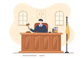 sala del tribunal con abogado, juicio con jurado, testigo o jueces y el martillo del juez de madera en una ilustración plana de diseño de dibujos animados vector