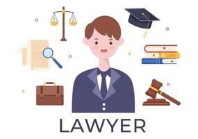 Lawyer, Attorney and Justice with Laws, Scales, Buildings, Book or Wooden Judge Hammer to Consultant in Flat Cartoon Illustration vector