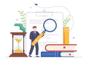 abogado, abogado y justicia con leyes, escalas, edificios, libro o martillo de juez de madera para consultor en ilustración de caricatura plana