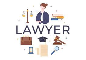abogado, abogado y justicia con leyes, escalas, edificios, libro o martillo de juez de madera para consultor en ilustración de caricatura plana