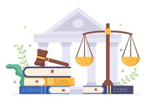 Lawyer, Attorney and Justice with Laws, Scales, Buildings, Book or Wooden Judge Hammer to Consultant in Flat Cartoon Illustration vector