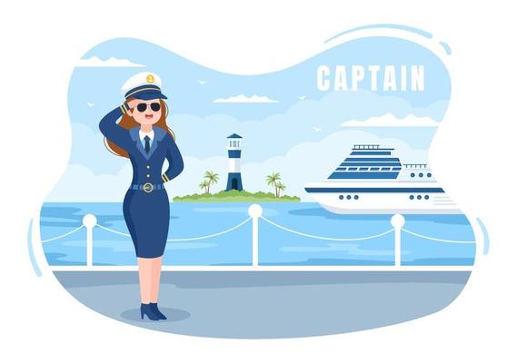 Woman Cruise Ship Captain Cartoon Illustration in Sailor Uniform Riding a Ships, Looking with Binoculars or Standing on the Harbor in Flat Design