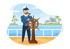 hombre capitán de crucero ilustración de dibujos animados en uniforme de marinero montando un barco, mirando con binoculares o parado en el puerto en diseño plano vector