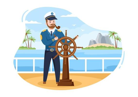 Man Cruise Ship Captain Cartoon Illustration in Sailor Uniform Riding a Ships, Looking with Binoculars or Standing on the Harbor in Flat Design