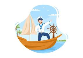 hombre capitán de crucero ilustración de dibujos animados en uniforme de marinero montando un barco, mirando con binoculares o parado en el puerto en diseño plano vector