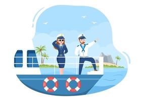 Cruise Ship Captain Cartoon Illustration in Sailor Uniform Riding a Ships, Looking with Binoculars or Standing on the Harbor in Flat Design vector