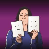 cara de una mujer sosteniendo dos papeles con dos expresiones diferentes, feliz y triste por la ilustración de salud mental vector