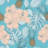 Tropical hibiscus, palm leaves, monstera, pineapple seamless pattern background. Exotic jungle wrapping paper. Beautiful print with hand drawn exotic plants. Summer design for fashion, print vector