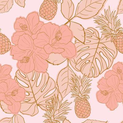 Tropical hibiscus, palm leaves, monstera, pineapple seamless pattern background. Exotic jungle wrapping paper. Beautiful print with hand drawn exotic plants. Summer design for fashion, print