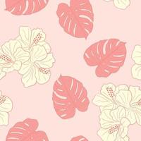 Hibiscus flowers and leaves seamless pattern background. Tropical nature wrapping paper or textile design. Beautiful print with hand-drawn exotic flower. vector