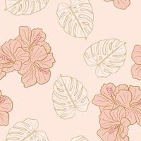 Hibiscus flowers and leaves seamless pattern background. Tropical nature wrapping paper or textile design. Beautiful print with hand-drawn exotic flower. vector