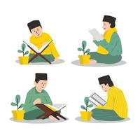 set of Islamic education illustration of a boy reading a book