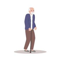 Exhausted old man walking with a cane isolated on white background. An elderly man. Vector illustration