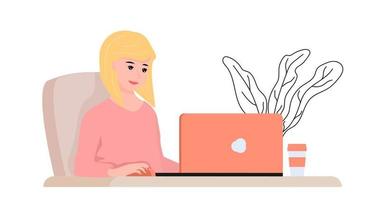 Woman sitting in front of computer and chatting with a friend. Female having a video call. Online videoconference concept. vector