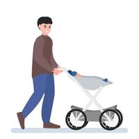 Young man character walking with a baby in stroller. Baby pram. Flat vector illustration isolated on white.