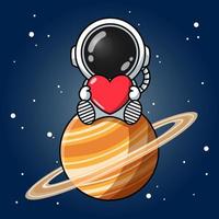 lindo astronauta sosteniendo el corazón del amor en el saturno vector