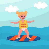 Small happy girl in life vest trying to surf in the sea. Cartoon vector illustration.