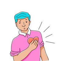 Rapid heartbeat concept. The man is holding his heart. Arrhythmia, post-covid syndrome. Vector illustration in hand drawn style
