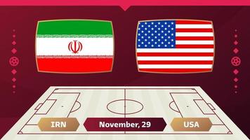 iran vs usa, futbol 2022, grupo b. partido de campeonato mundial de fútbol versus antecedentes deportivos de introducción de equipos, afiche final de la competencia de campeonato, ilustración vectorial. vector